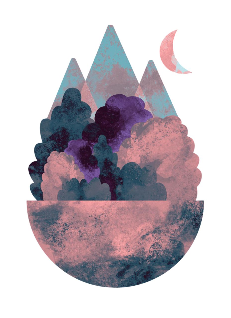 Ilustración de montañas y luna en tonos pastel