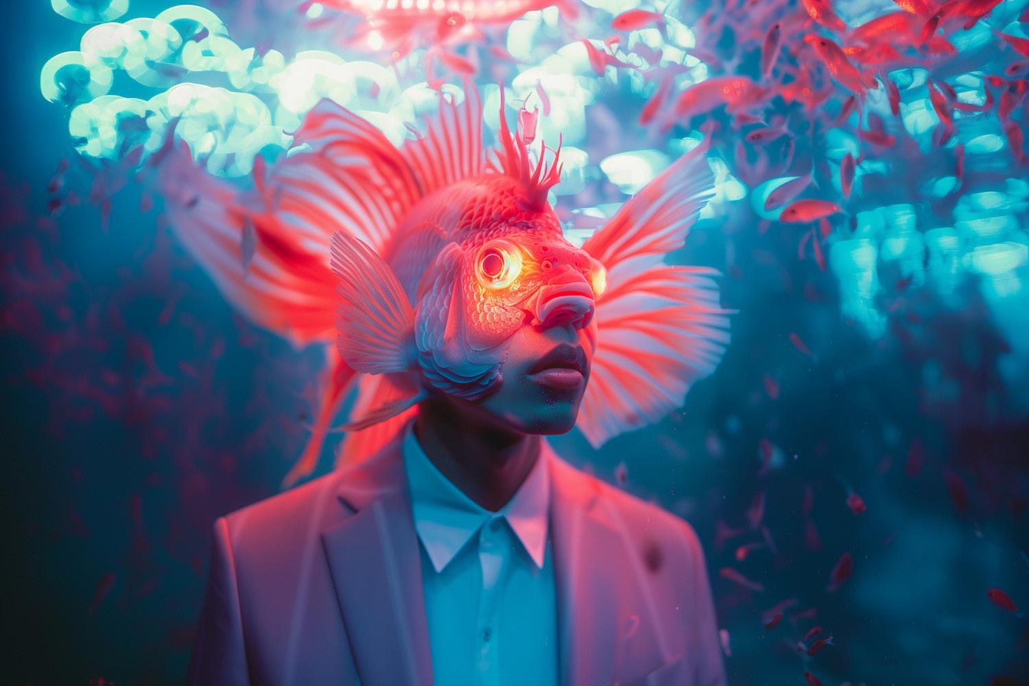 Retrato surrealista con pez y neones