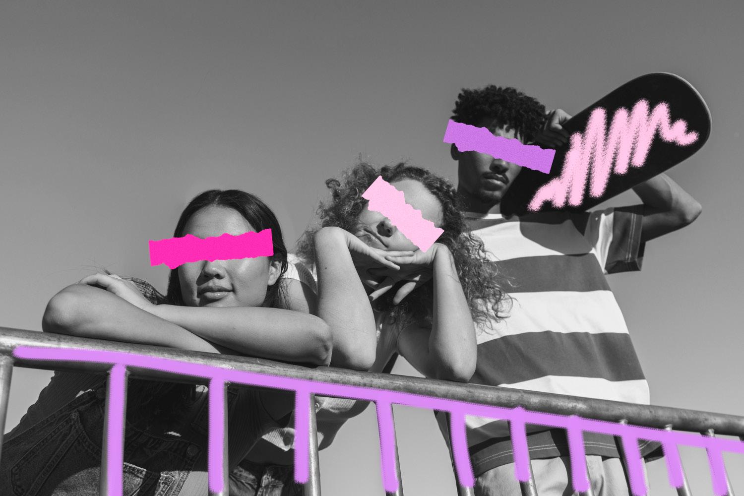 Grupo juvenil con intervención gráfica magenta